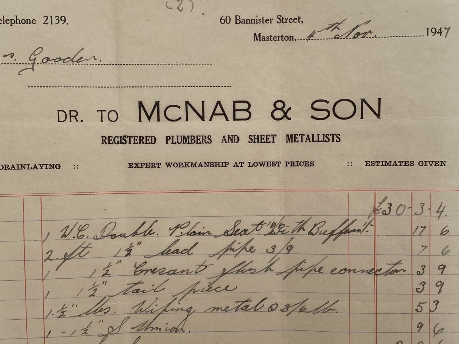 VINTAGE INVOICE / RECEIPT: McNab & Son, Masterton – Plumbers & Sheet Metal 1947