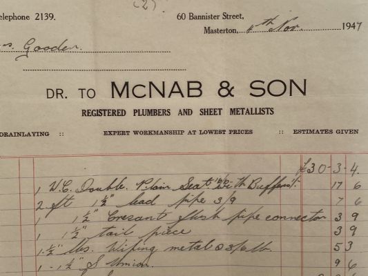 VINTAGE INVOICE / RECEIPT: McNab & Son, Masterton – Plumbers & Sheet Metal 1947 