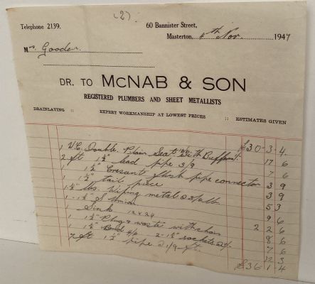 VINTAGE INVOICE / RECEIPT: McNab & Son, Masterton – Plumbers & Sheet Metal 1947