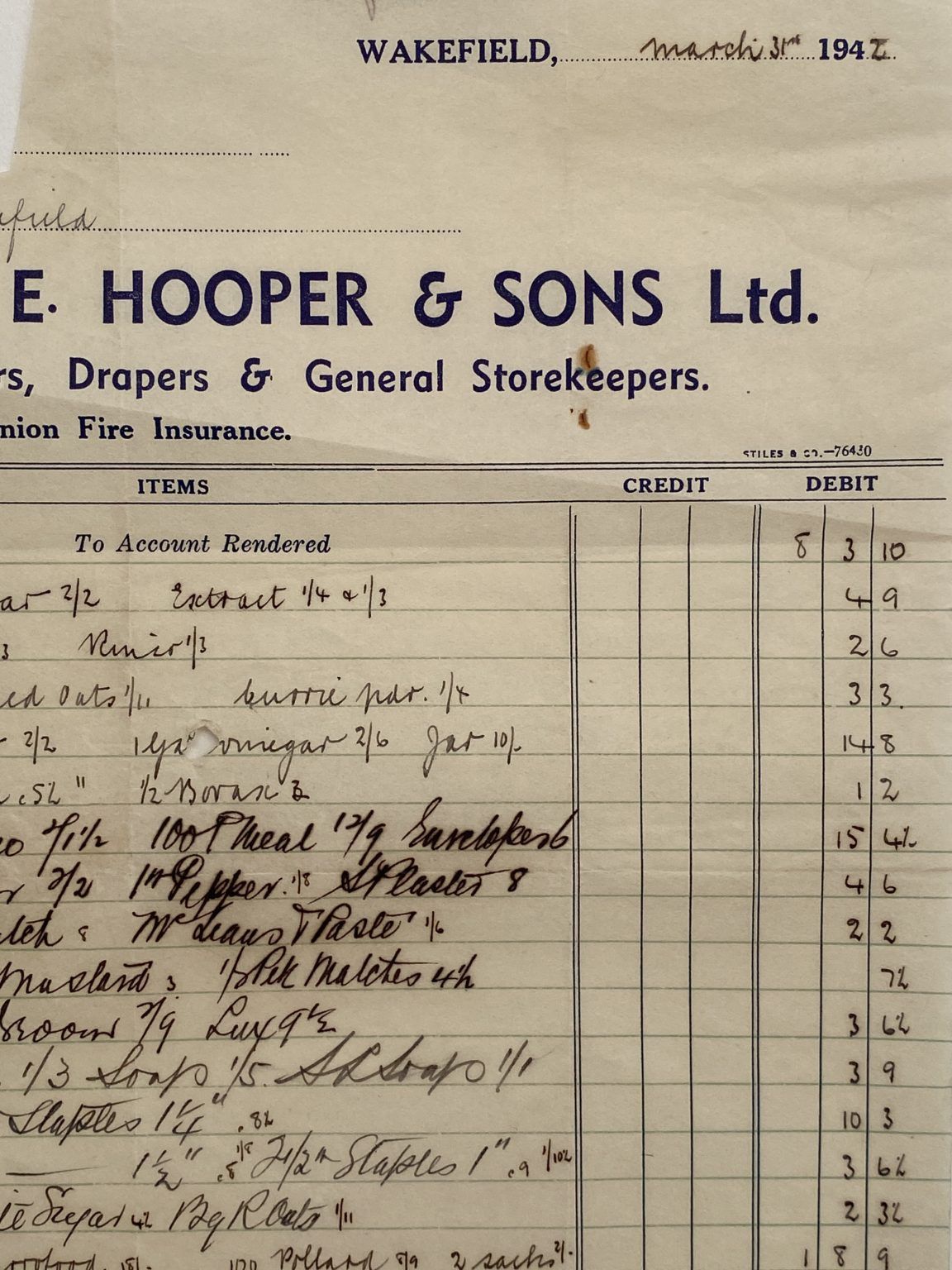 VINTAGE INVOICE / RECEIPT: E. Hooper & Sons Ltd. Wakefield – Grocers 1942
