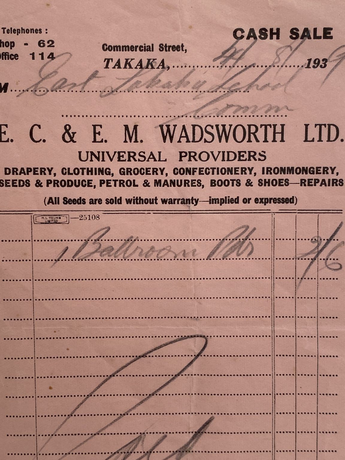 VINTAGE INVOICE / RECEIPT: E.C. & E.M. Wadsworth Ltd, Takaka 1939