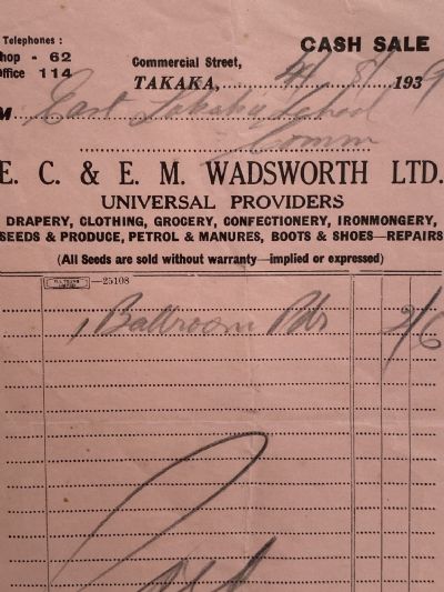 VINTAGE INVOICE / RECEIPT: E.C. & E.M. Wadsworth Ltd, Takaka 1939 