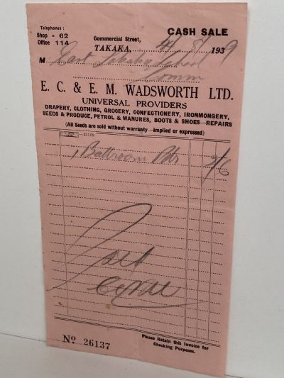 VINTAGE INVOICE / RECEIPT: E.C. & E.M. Wadsworth Ltd, Takaka 1939