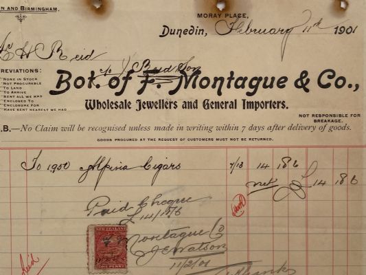ANTIQUE INVOICE / RECEIPT: F. Montague & Co. Dunedin – Jewellers & Importers 1901 