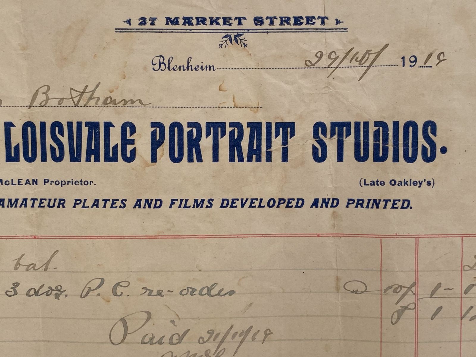 ANTIQUE INVOICE / RECEIPT: Loisvale Portrait Studios, Blenheim 1919