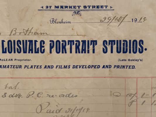 ANTIQUE INVOICE / RECEIPT: Loisvale Portrait Studios, Blenheim 1919 