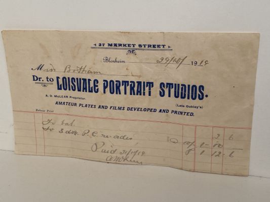 ANTIQUE INVOICE / RECEIPT: Loisvale Portrait Studios, Blenheim 1919