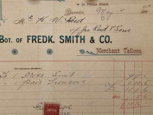 ANTIQUE INVOICE / RECEIPT: Fredk. Smith & Co, Dunedin – Merchant Tailors 1900 