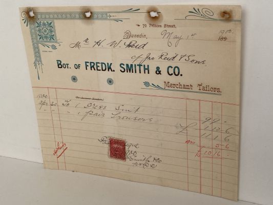 ANTIQUE INVOICE / RECEIPT: Fredk. Smith & Co, Dunedin – Merchant Tailors 1900
