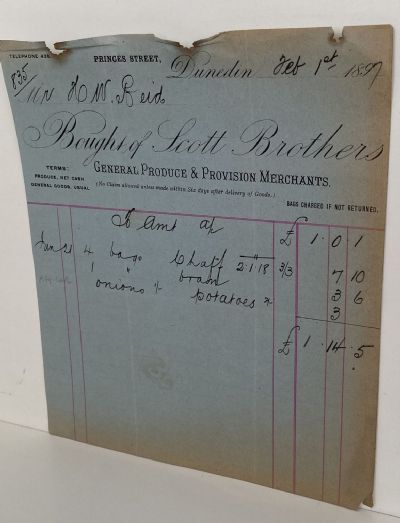 ANTIQUE INVOICE / RECEIPT: Scott Brothers, Dunedin – Produce Merchants 1903
