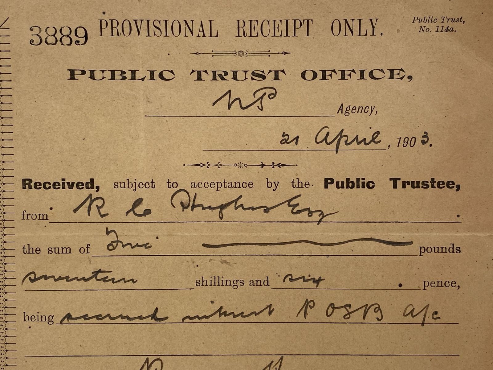 ANTIQUE INVOICE / RECEIPT: Public Trust Office 1903 (121 yo)