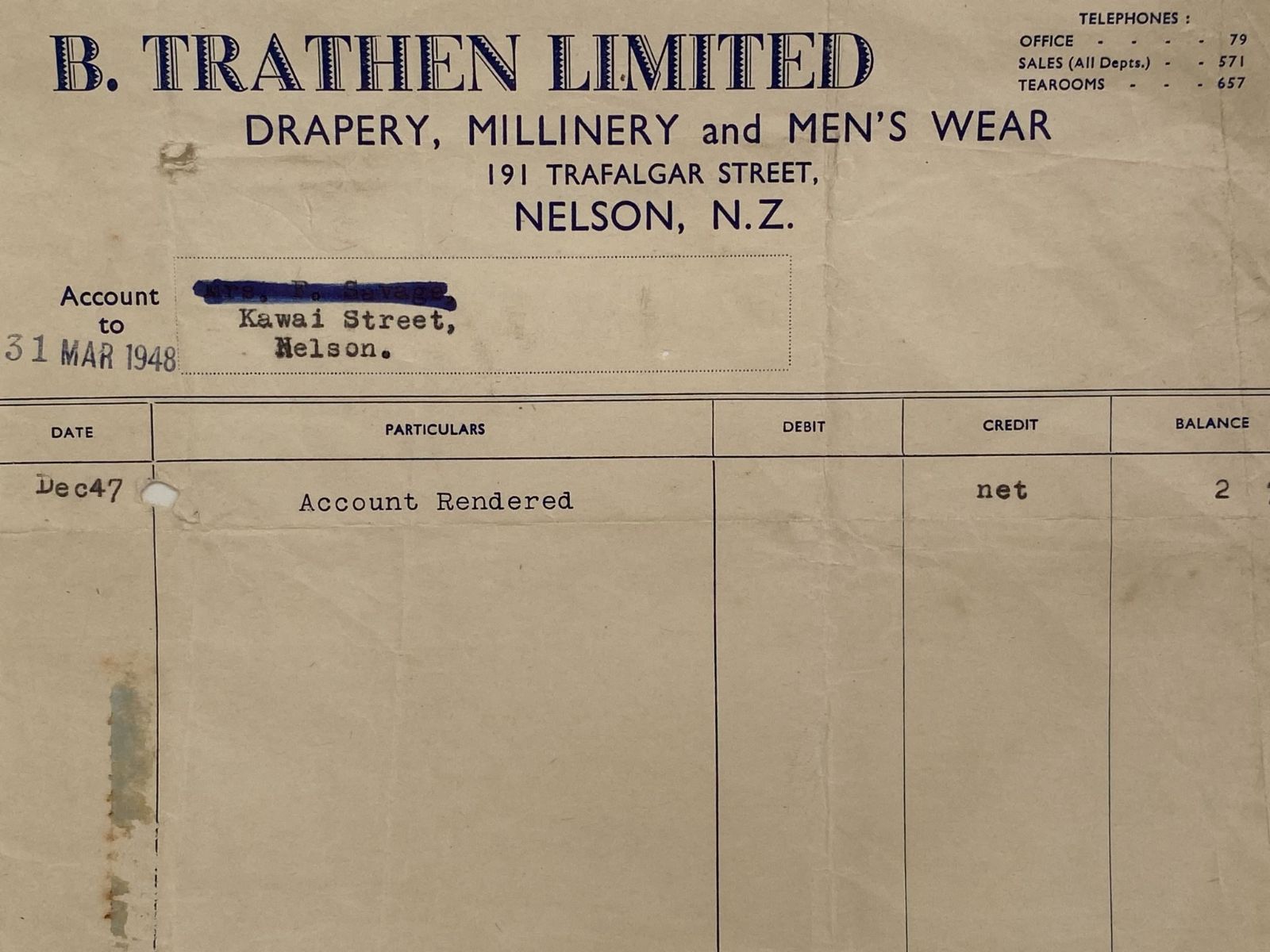 VINTAGE INVOICE / RECEIPT: B. Trathen Limited, Nelson – Draper 1948