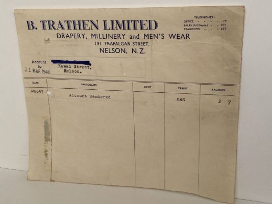 VINTAGE INVOICE / RECEIPT: B. Trathen Limited, Nelson – Draper 1948