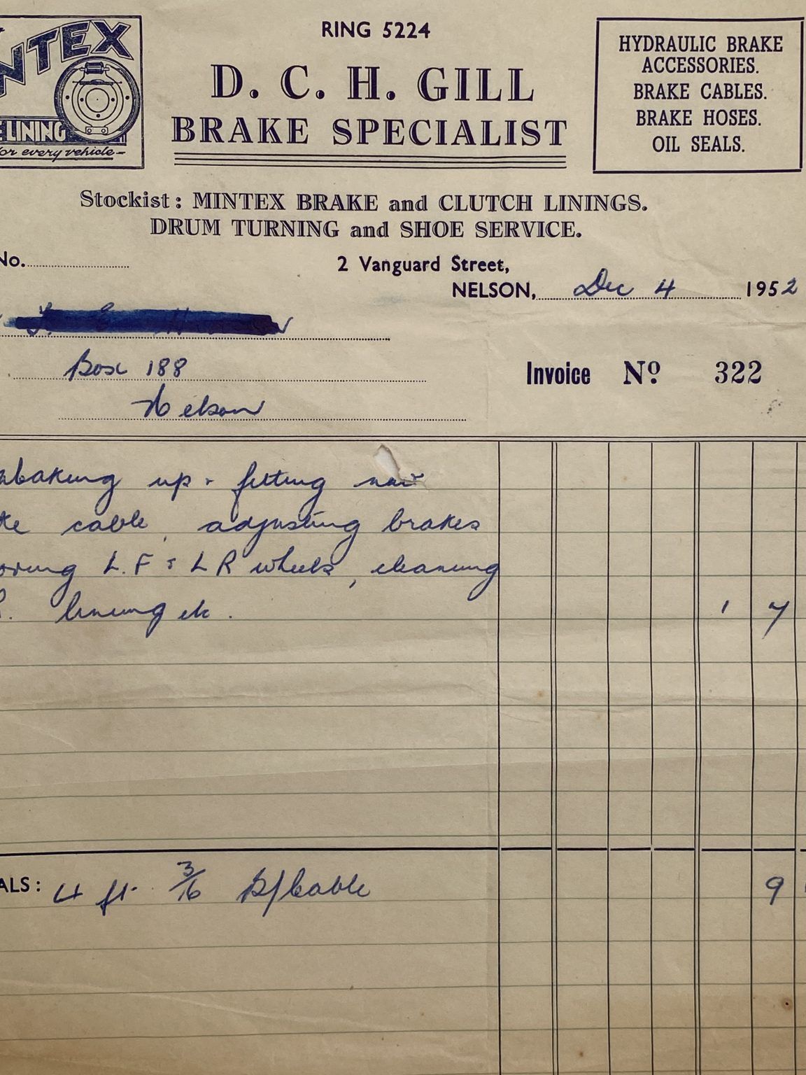 VINTAGE INVOICE / RECEIPT: D.C.H. Gill, Nelson – Brake Specialist 1952