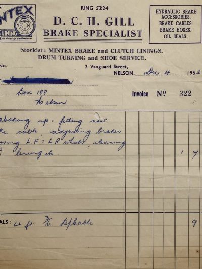 VINTAGE INVOICE / RECEIPT: D.C.H. Gill, Nelson – Brake Specialist 1952 