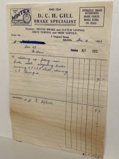 VINTAGE INVOICE / RECEIPT: D.C.H. Gill, Nelson – Brake Specialist 1952
