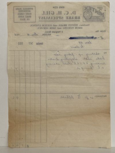 VINTAGE INVOICE / RECEIPT: D.C.H. Gill, Nelson – Brake Specialist 1952