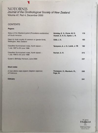NOTORNIS: Journal of the Ornithological Society of NZ - Volume 47, Part 4